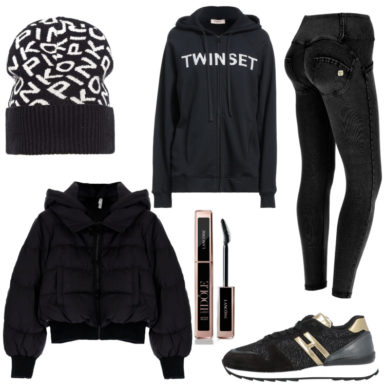 Outfit donna - Accessori invernali. Stile Sporty chic per Tutti i giorni. Abbinamento con sneakers, felpe con cappuccio, mascara, berretti, piumini, jeggings.