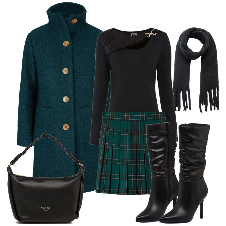 Outfit donna - In città. Stile Casual chic per Tutti i giorni. Abbinamento con cappotti, maglieria, minigonne, sciarpe, stivali sopra il ginocchio, borse a mano.