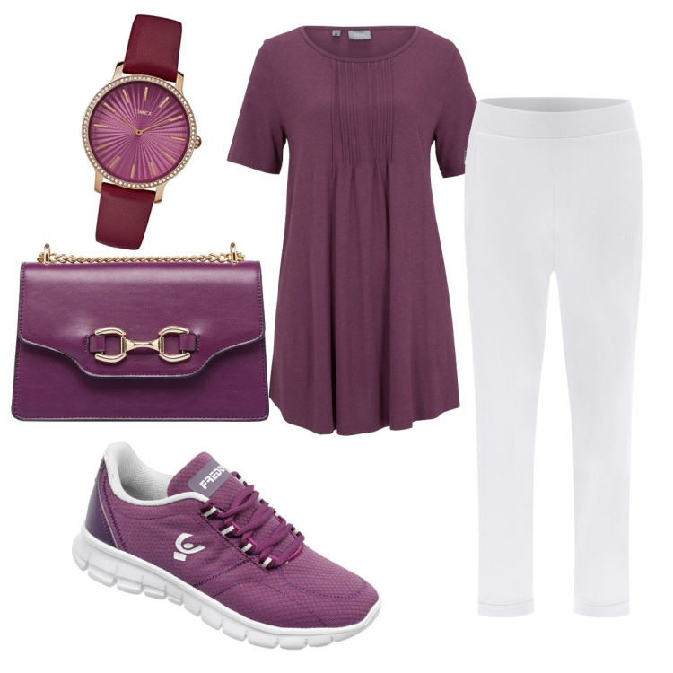 Outfit donna - Total look #1767504. Stile Basic per Tutti i giorni. Abbinamento con t-shirt, pantaloni, sneakers, borse a tracolla, orologi analogici.