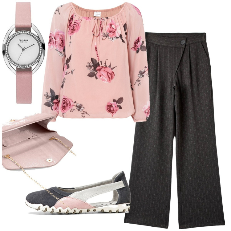 Outfit donna - Total look #1767519. Stile Basic per Ufficio. Abbinamento con pochette, scarpe sportive, bluse, pantaloni a palazzo, orologi analogici.
