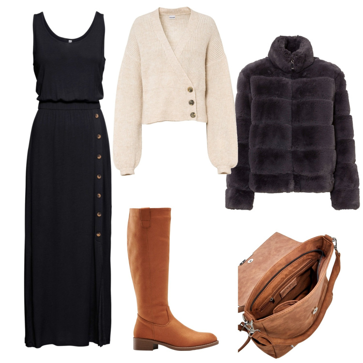 Outfit donna - primi freddi. Stile Casual chic per Tutti i giorni. Abbinamento con stivali, vestiti lunghi, maglieria, ecopellicce, zaini.