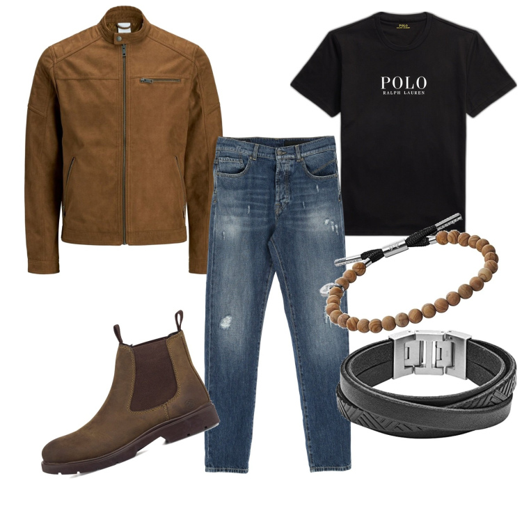 Outfit uomo - M.M.. Stile Biker Rock per Tutti i giorni. Abbinamento con jeans dritti, t-shirt, cappotti, stivali e stivaletti, braccialetti, braccialetti.
