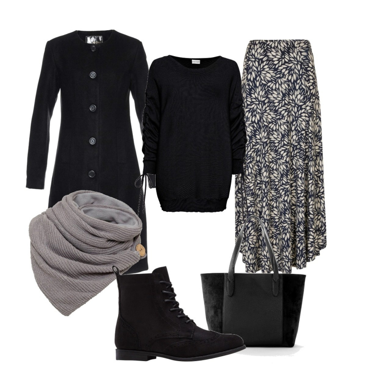 Outfit donna - Emma. Stile Casual per Tutti i giorni. Abbinamento con foulard, shopping bag, gonne, maglieria, cappotti, stivaletti.