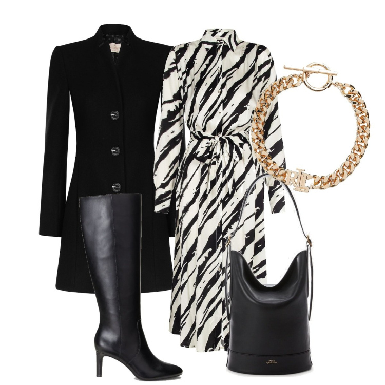 Outfit donna - Beautiful. Stile Chic per Ufficio. Abbinamento con cappotti, vestiti chemisier, borse a secchiello, braccialetti, stivali.