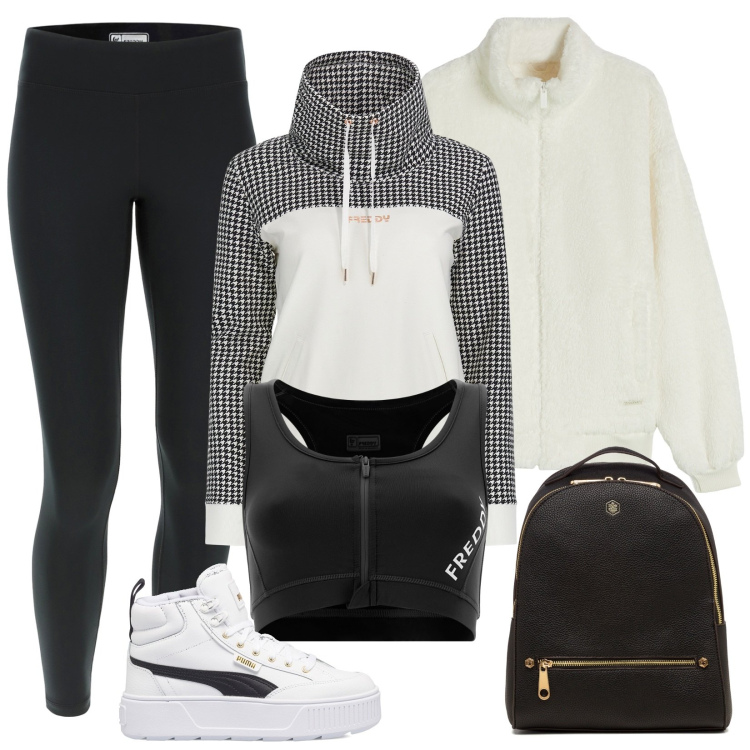 Outfit donna - Tempo libero. Stile Sporty chic per Tutti i giorni. Abbinamento con leggings sportivo, felpe, blazer, reggiseni, sneakers alte, zaini.