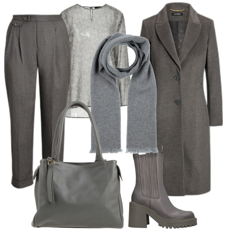 Outfit donna - Grigio in ufficio/Curvy Style. Stile Chic per Ufficio. Abbinamento con stivaletti, top, sciarpe, borse a mano, cappotti, pantaloni.