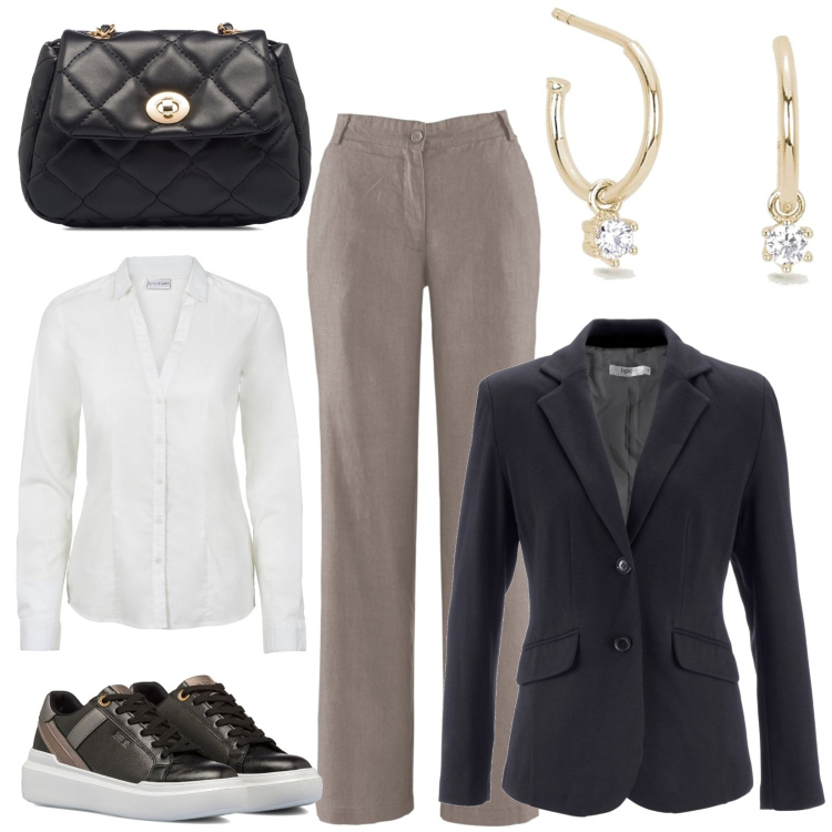 Outfit donna - Elegante con le Sneakers. Stile Urban per Tutti i giorni. Abbinamento con pantaloni, camicie, blazer, orecchini, sneakers alte, borse a tracolla.