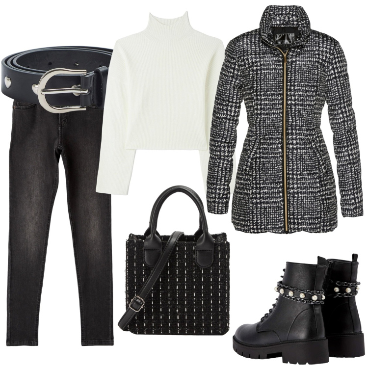 Outfit donna - La giacca a quadri. Stile Basic per Tutti i giorni. Abbinamento con giacche, anfibi, shopping bag, jeans, maglieria, cinture.