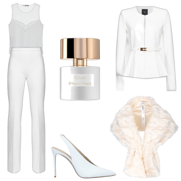 Outfit donna - Seconde nozze. Stile Chic per Cerimonia. Abbinamento con décolleté, profumi, body, blazer, pantaloni, stole.