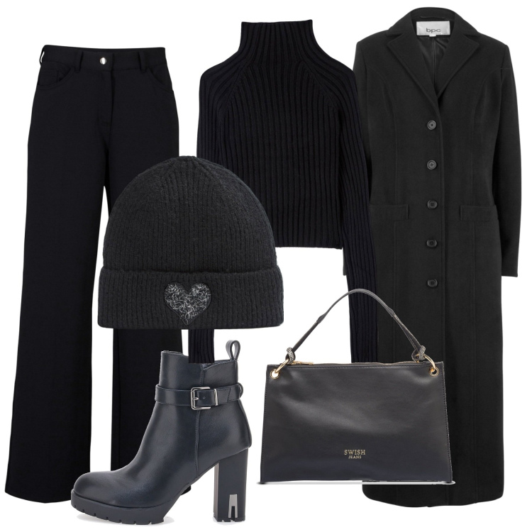 Outfit donna - Black monochrome. Stile Chic per Serata fuori. Abbinamento con cappotti, pantaloni, berretti, maglieria, borse a mano, stivaletti.