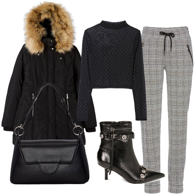 Outfit donna - Total look #1767655. Stile Casual chic per Serata fuori. Abbinamento con pantaloni, t-shirt, parka, stivaletti, borse a spalla.