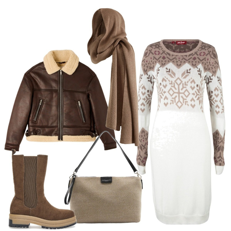 Outfit donna - Sciarpa con cappuccio. Stile Casual per Tutti i giorni. Abbinamento con vestiti, sciarpe, ecopellicce, stivaletti chelsea, borse a mano.
