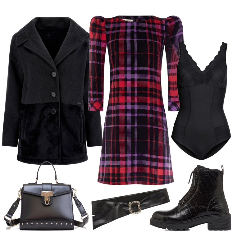 Outfit donna - L\'abitino a quadri. Stile Trendy per Serata fuori. Abbinamento con body, vestiti corti, borse tote, cappotti, anfibi, cinture.