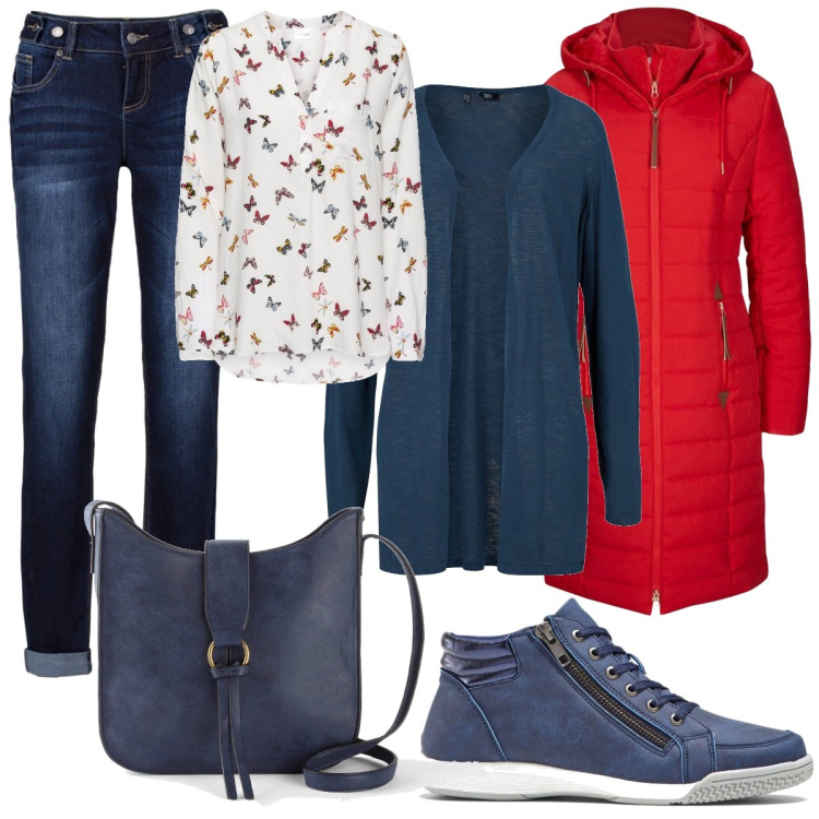 Outfit donna - Total look #1767686. Stile Casual per Tutti i giorni. Abbinamento con bluse, blazer, jeans boyfriend, cardigans, sneakers alte, borse a tracolla.