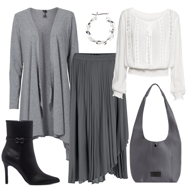 Outfit donna - Gonna midi plissé e stivaletti. Stile Bon Ton per Serata fuori. Abbinamento con cardigans, gonne, bluse, orecchini, borse a spalla, stivaletti.