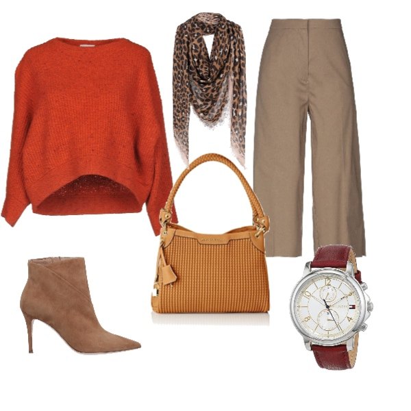 Outfit donna - Esordio d\'autunno. Stile Trendy per Tutti i giorni. Abbinamento con pantalone capri con zip tinta unita, pullover lavorato a maglia collo tondo a maniche lunghe taglia media in mohair tinta unita, stivaletti effetto scamosciato a punta tinta unita, foulard fantasia, borsa a spalla marrone, orologio con cinturino.