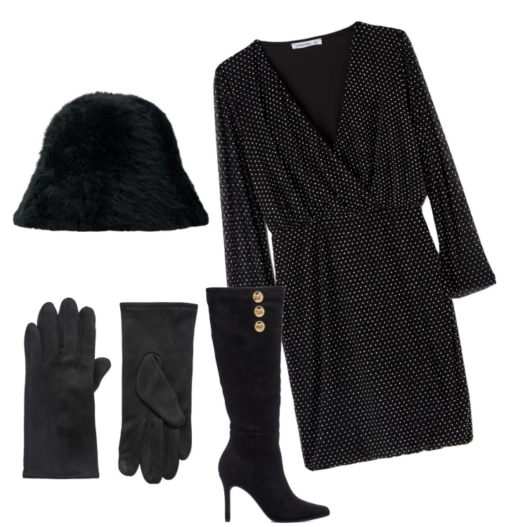 Outfit donna - Accessori invernali. Stile Casual chic per Serata fuori. Abbinamento con guanti, vestiti, stivali sopra il ginocchio, cappelli.
