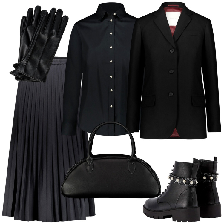 Outfit donna - Total black. Stile Casual per Scuola/Università. Abbinamento con anfibi, gonne lunghe, blazer, camicie, borse a spalla, guanti.