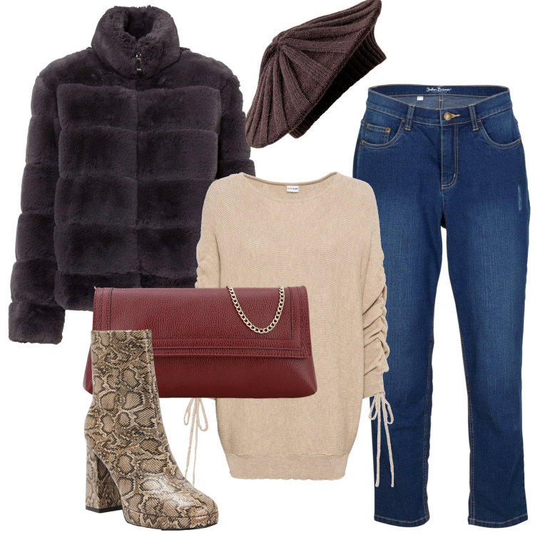Outfit donna - Basta poco. Stile Casual chic per Tutti i giorni. Abbinamento con ecopellicce, maglieria, jeans boyfriend, stivaletti, pochette, cappelli e berretti.