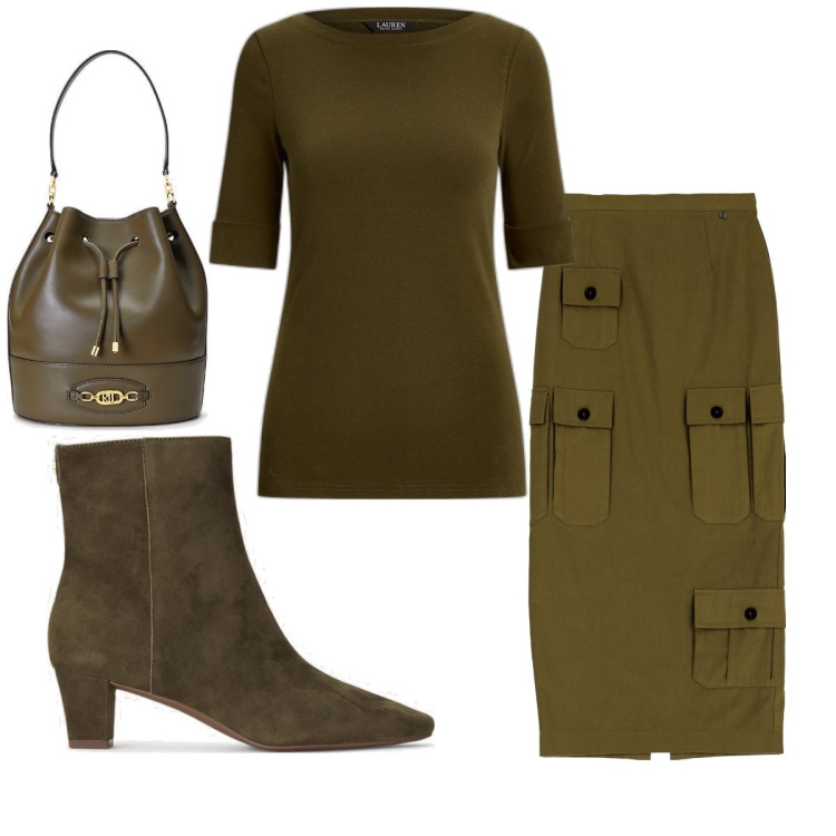 Outfit donna - Total look #1767790. Stile Basic per Tutti i giorni. Abbinamento con gonne lunghe, t-shirt, borse a secchiello, stivaletti.