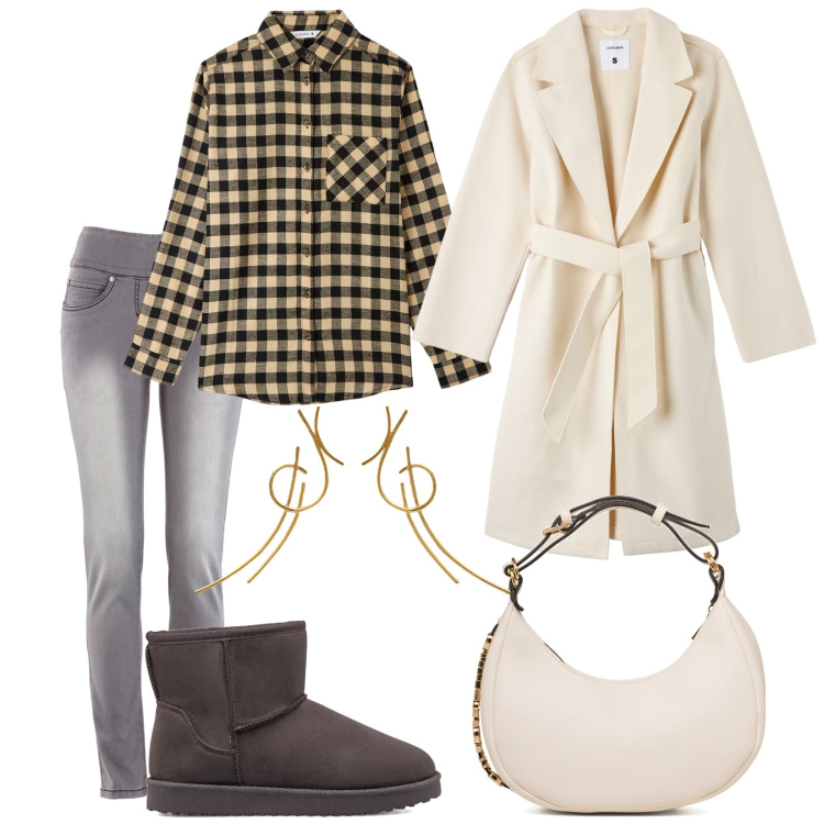 Outfit donna - Total look #1767798. Stile Casual chic per Tutti i giorni. Abbinamento con jeans slim fit, cappotti, camicie, stivaletti, borse a mano, orecchini.