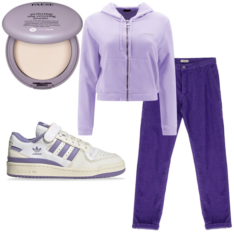 Outfit donna - Casual sport viola e lilla. Stile Casual per Sport. Abbinamento con ciprie, felpe con cappuccio, pantaloni, sneakers.