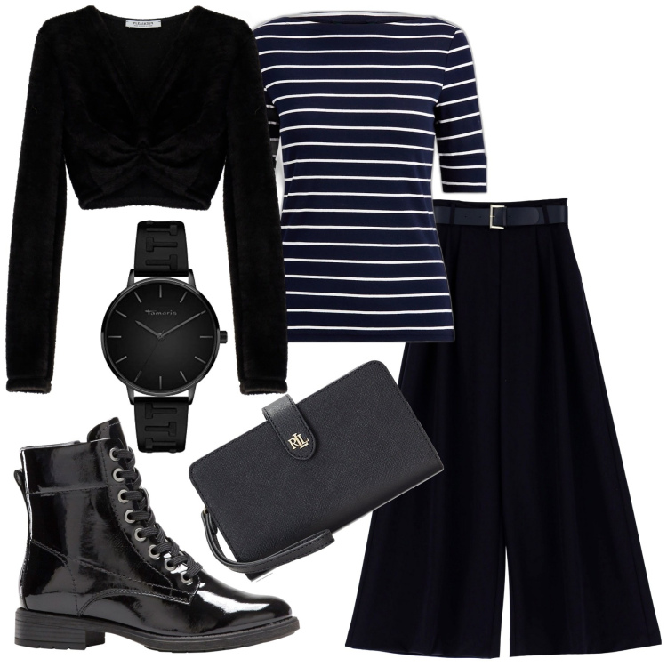 Outfit donna - Marinière. Stile Casual per Tutti i giorni. Abbinamento con stivaletti, pantaloni a palazzo, top, pochette, maglieria, orologi analogici.