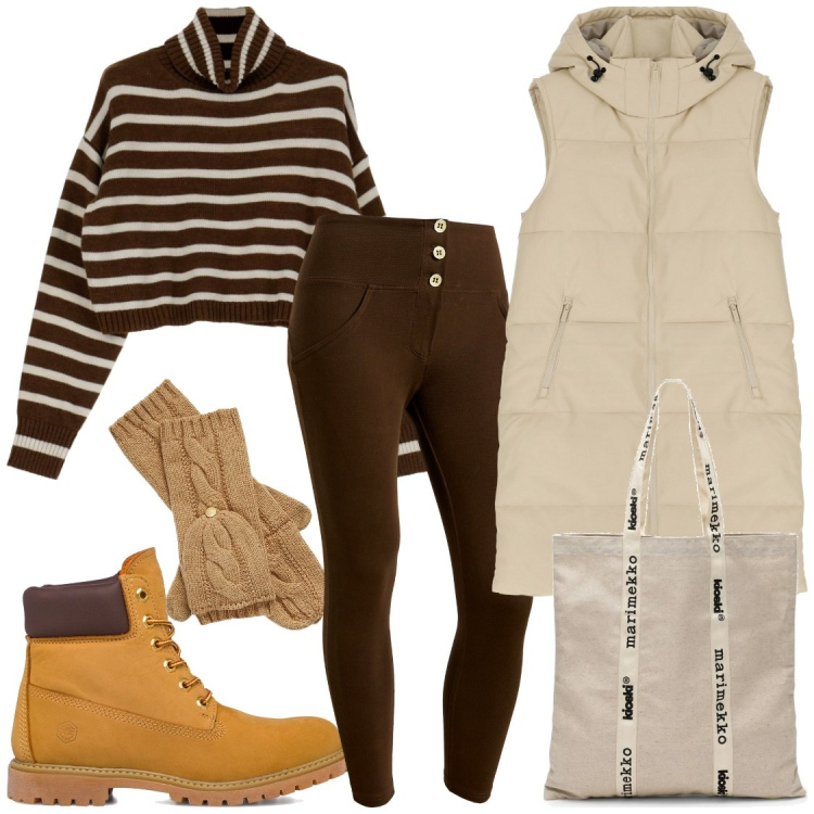 Outfit donna - Il pomeriggio di un sabato qualunque. Stile Casual per Scuola/Università. Abbinamento con piumini, maglieria, pantaloni skinny, guanti, stivaletti, borse tote.