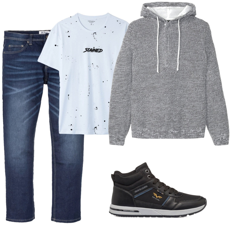 Outfit uomo - Easy WE. Stile Casual per Tutti i giorni. Abbinamento con jeans dritti, maglieria, t-shirt, sneakers alte.