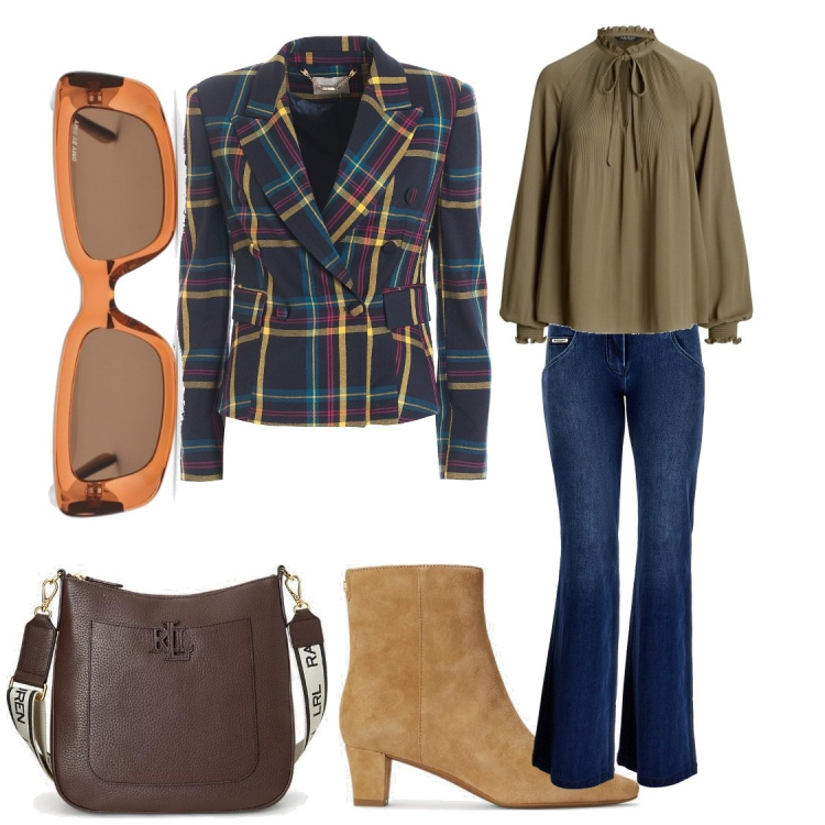 Outfit donna - Invito a pranzo in Terrazza. Stile Bon Ton per Tutti i giorni. Abbinamento con blazer, jeans a zampa, borse a tracolla, stivaletti, camicie, occhiali da sole.