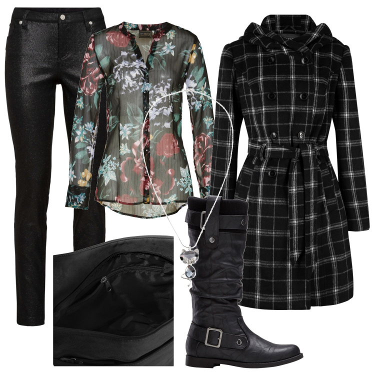 Outfit donna - Bonprix 2023 Black Friday. Stile Rock per Tutti i giorni. Abbinamento con borse a tracolla, pantaloni, cappotti, camicie, stivali sopra il ginocchio, collane.