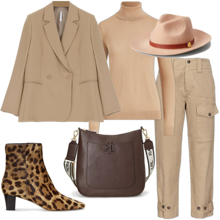 Outfit donna - Total look #1767893. Stile Casual chic per Tutti i giorni. Abbinamento con pantaloni cargo, blazer, borse a tracolla, maglieria, stivaletti, sciarpe.