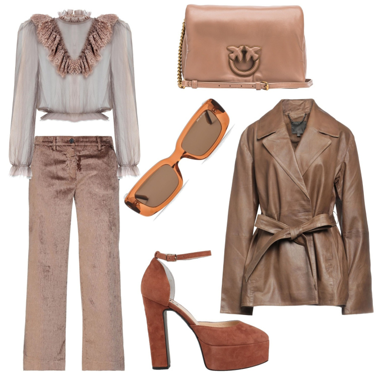 Outfit donna - Il sole in inverno. Stile Casual chic per Tutti i giorni. Abbinamento con décolleté, pantaloni, cappotti, borse a tracolla, bluse, occhiali da sole.