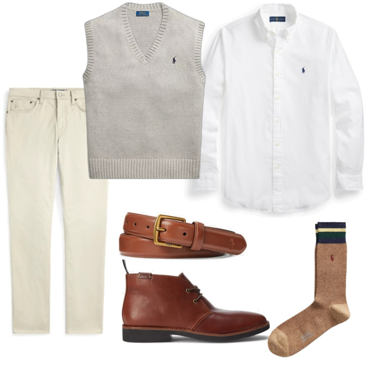 Outfit uomo - Lo stile Ralph Lauren. Stile Trendy per Tutti i giorni. Abbinamento con cinture, maglieria, camicie, pantaloni, calzini, stivali e stivaletti.