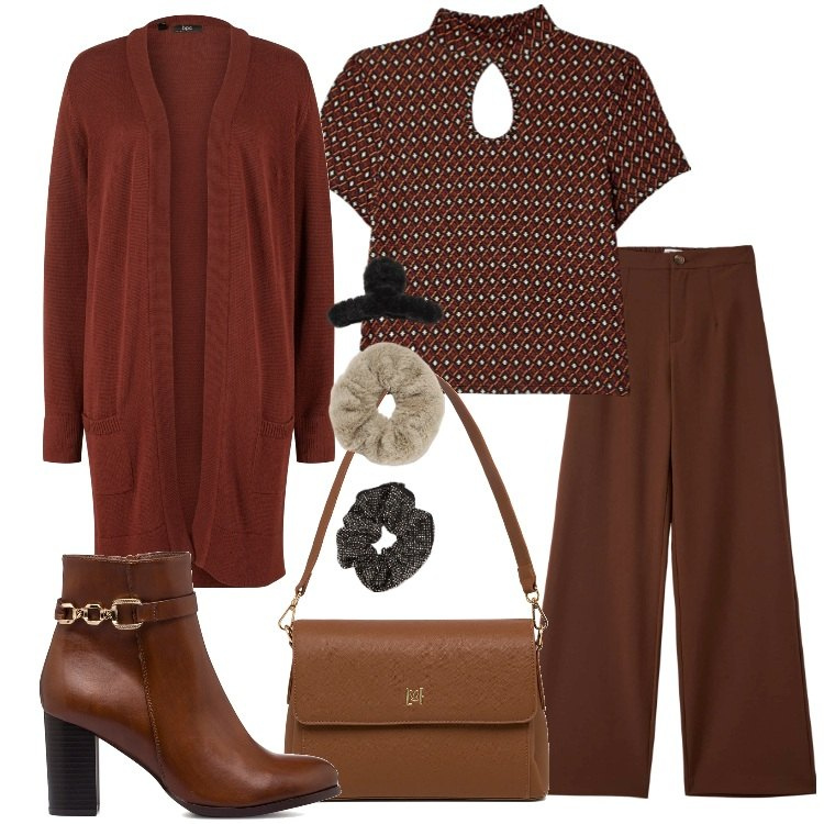 Outfit donna - PittaRosso - Black Friday 2023. Stile Basic per Tutti i giorni. Abbinamento con cardigans, pantaloni, t-shirt, accessori per capelli, stivaletti, borse a tracolla.