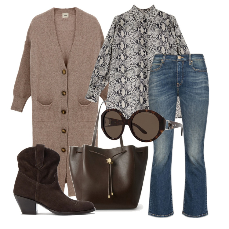 Outfit donna - Ghost outfitter - novembre. Stile Casual per Tutti i giorni. Abbinamento con jeans bootcut, stivaletti, borse tote, occhiali da sole, camicie, cardigans.