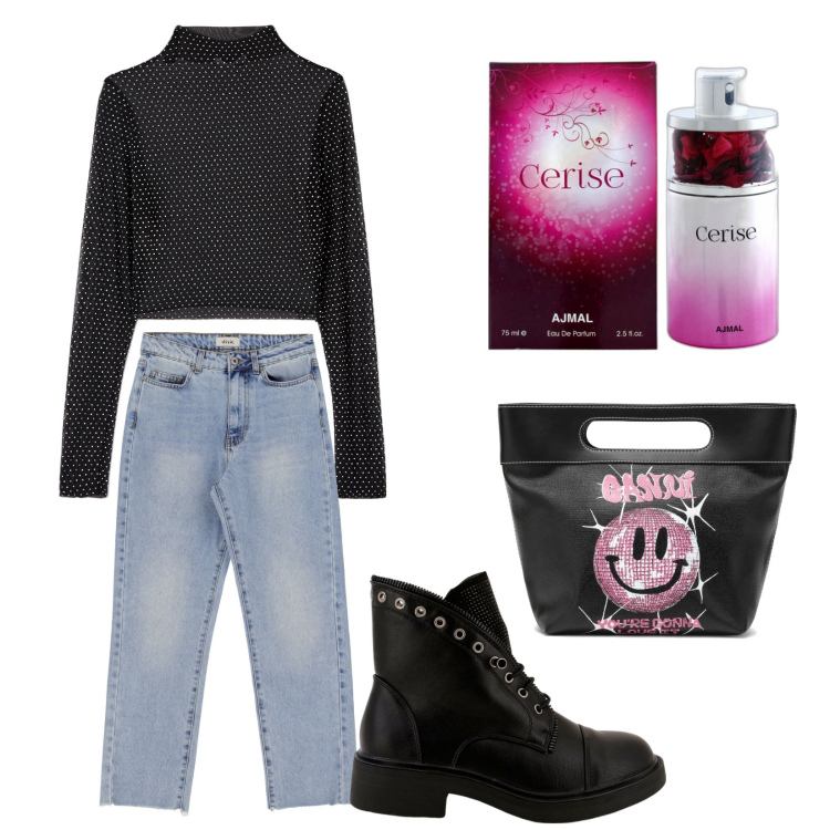 Outfit donna - Young. Stile Trendy per Tutti i giorni. Abbinamento con profumi, t-shirt, stivaletti, jeans dritti, borse tote.