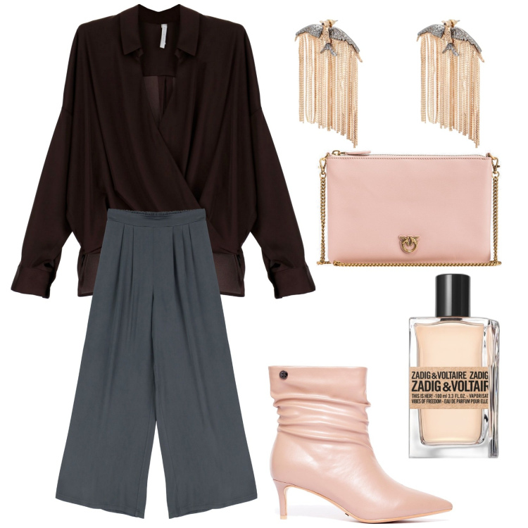 Outfit donna - Camicia effetto satin. Stile Trendy per Serata fuori. Abbinamento con profumi, borse a tracolla, stivaletti, camicie, pantaloni a palazzo, orecchini.