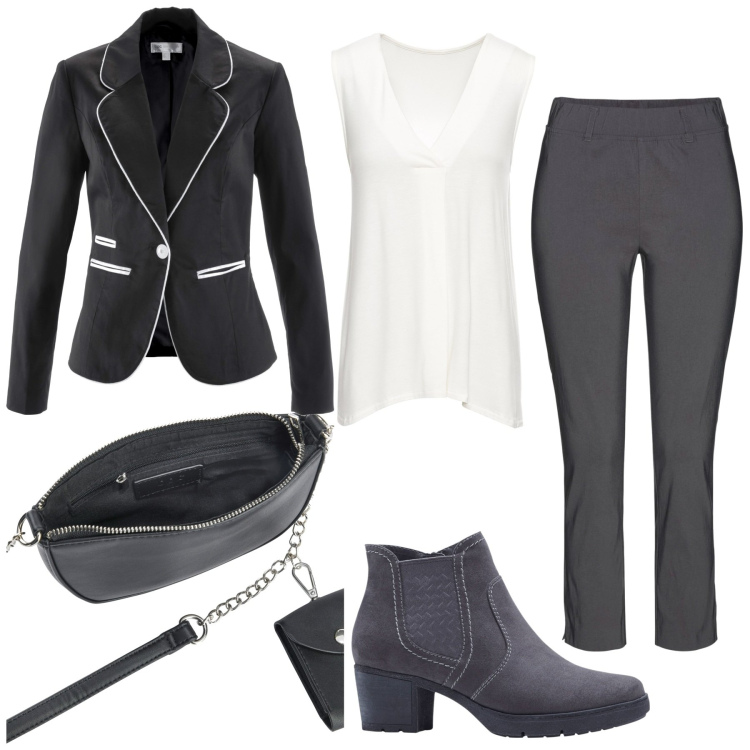 Outfit donna - Total look #1767974. Stile Casual per Ufficio. Abbinamento con top, stivaletti, pantaloni, blazer, borse a tracolla.