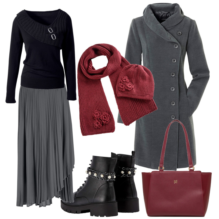 Outfit donna - G&R. Stile Casual per Tutti i giorni. Abbinamento con maglieria, cappotti, gonne, sciarpe, anfibi, borse a spalla.
