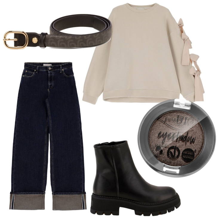 Outfit donna - Total look #1767984. Stile Trendy per Tutti i giorni. Abbinamento con ombretti, jeans, stivaletti, felpe, cinture.