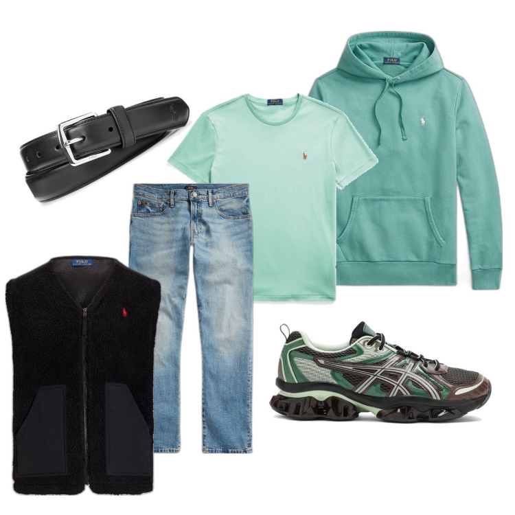Outfit uomo - Total look #1767991. Stile Trendy per Tutti i giorni. Abbinamento con cinture, felpe con cappuccio, jeans, t-shirt, gilet, sneakers.