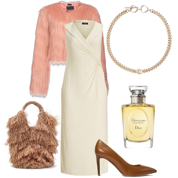Outfit donna - Peluche chic. Stile Chic per Cerimonia. Abbinamento con profumi, blazer, vestiti lunghi, décolleté, collane, borse a mano.