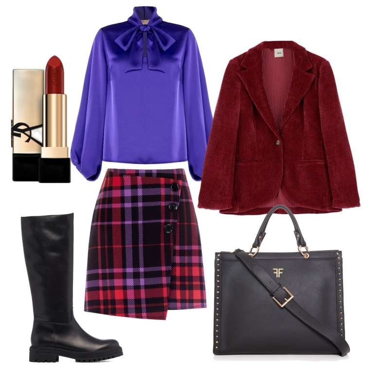 Outfit donna - Blusa fluida e gonna tartan. Stile Basic per Tutti i giorni. Abbinamento con rossetti, bluse, minigonne, borse tote, stivali, giacche.