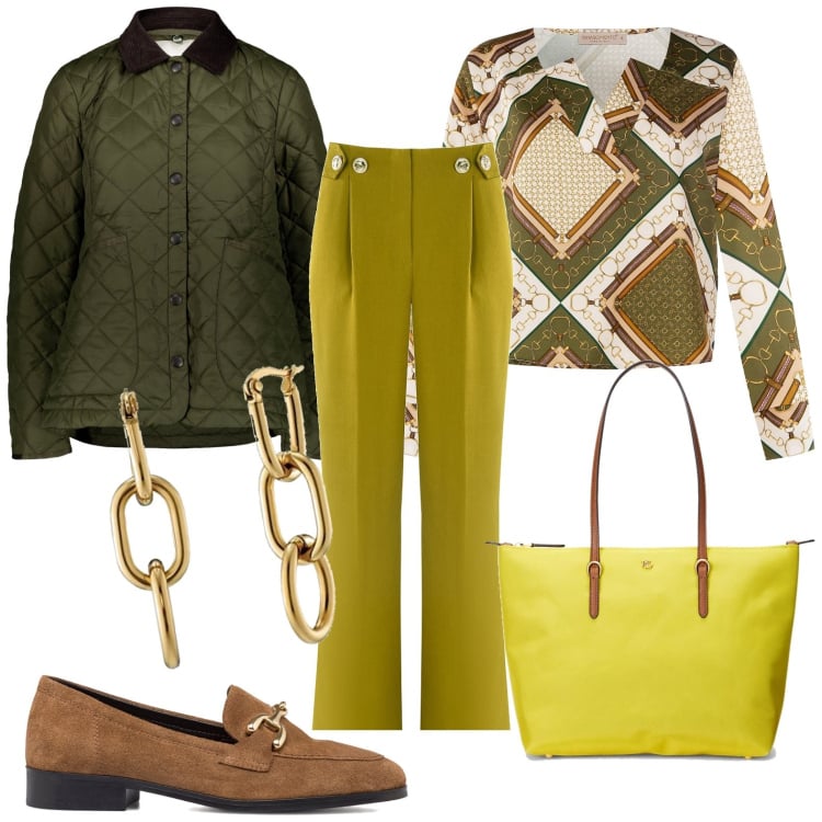 Outfit donna - Casual e chic. Stile Casual chic per Tutti i giorni. Abbinamento con bluse, pantaloni a palazzo, mocassini, borse tote, giacche, orecchini.