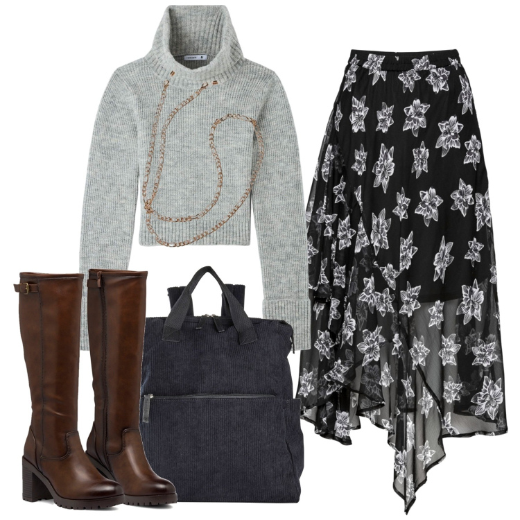 Outfit donna - La gonna svolazzante. Stile Bon Ton per Tutti i giorni. Abbinamento con zaini, gonne, maglieria, stivali sopra il ginocchio, collane.