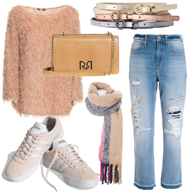 Outfit donna - Total look #1768072. Stile Casual per Scuola/Università. Abbinamento con cinture, borse a tracolla, maglieria, jeans strappati, sciarpe, sneakers.