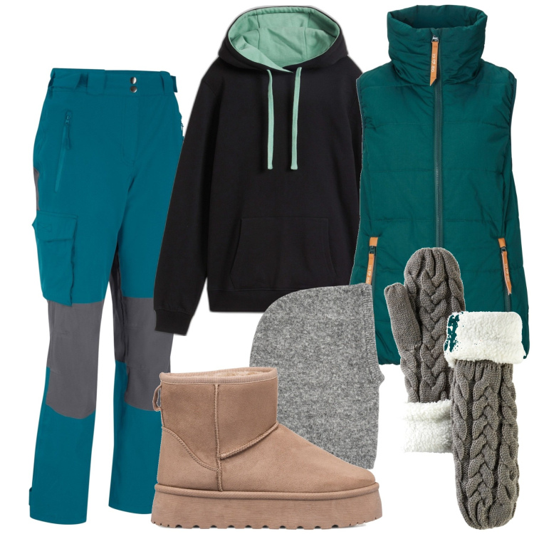 Outfit donna - Prima neve. Stile Sporty chic per Sport. Abbinamento con felpe con cappuccio, piumini, pantaloni, guanti, stivaletti, cappelli.