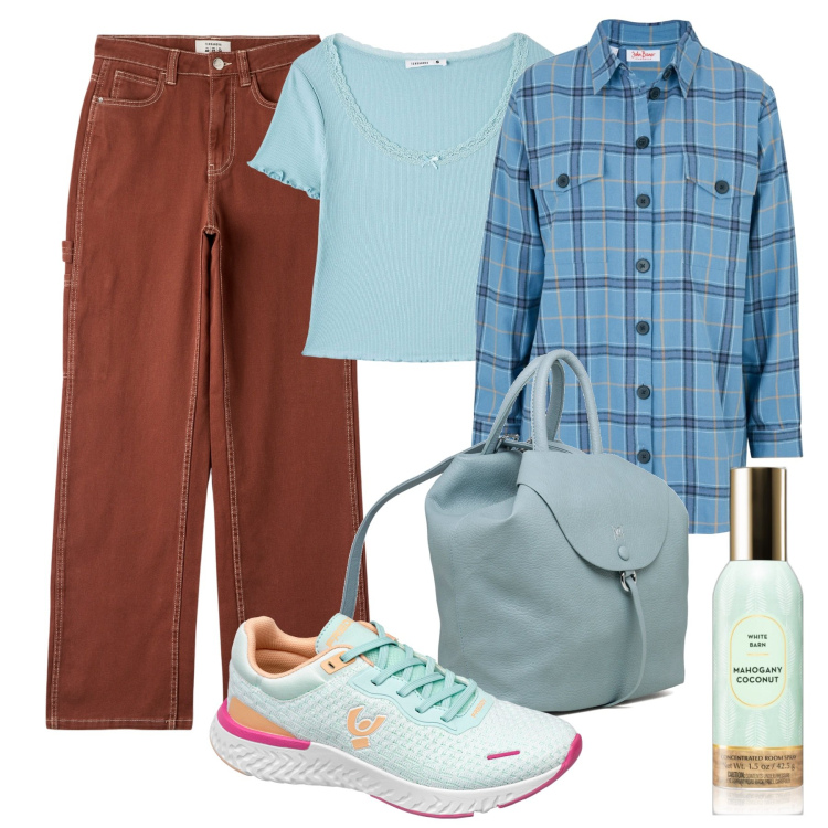 Outfit donna - Casual. Stile Casual per Scuola/Università. Abbinamento con camicie, profumi, pantaloni, t-shirt, sneakers, zaini.