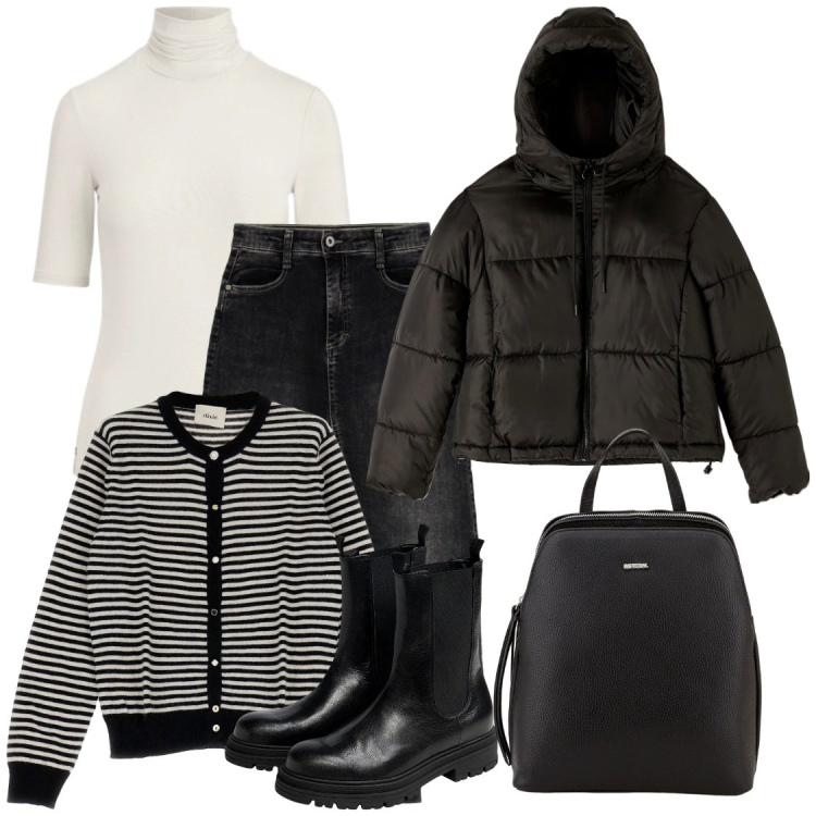 Outfit donna - Dal lupetto al piumino. Stile Basic per Scuola/Università. Abbinamento con stivaletti chelsea, piumini, zaini, gonne longuette, pullovers, maglieria.